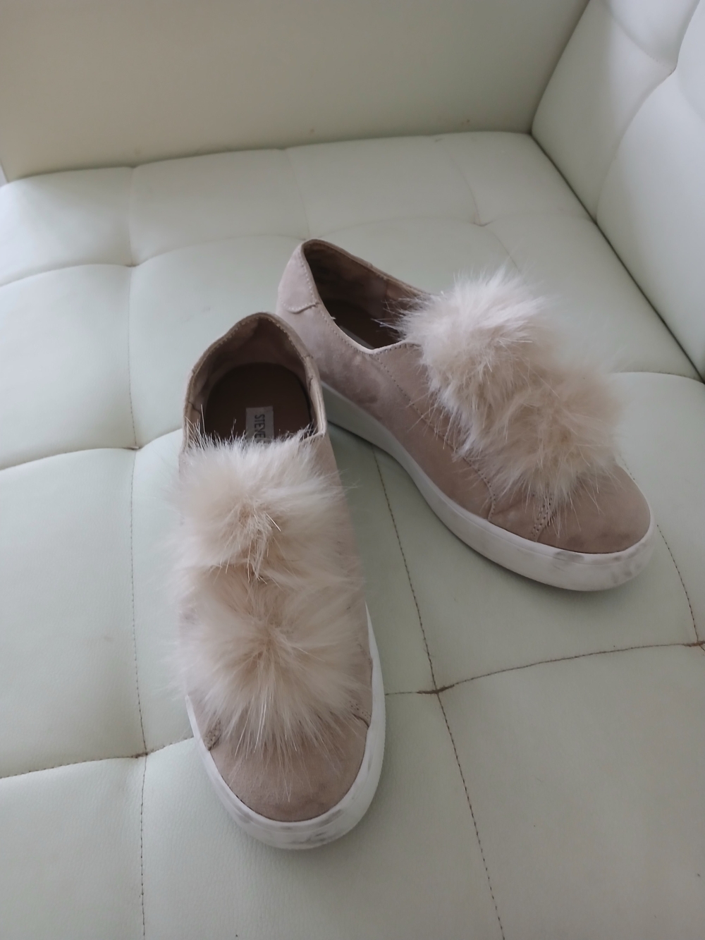 Steve Madden Beige Pom Pom Slip-On Sneakers